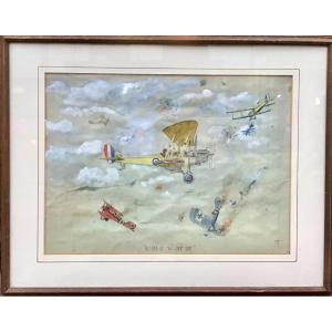 Aerial Warfare, Naval Battle 1918, Monogrammed Watercolor