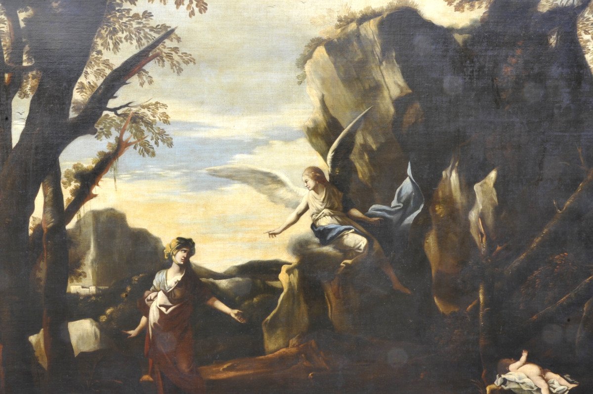 Agar Rescued By An Angel - Very Large Oil On Canvas From The 19th Century (207cm X 150cm)-photo-3