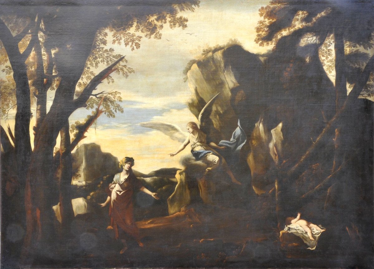 Agar Rescued By An Angel - Very Large Oil On Canvas From The 19th Century (207cm X 150cm)