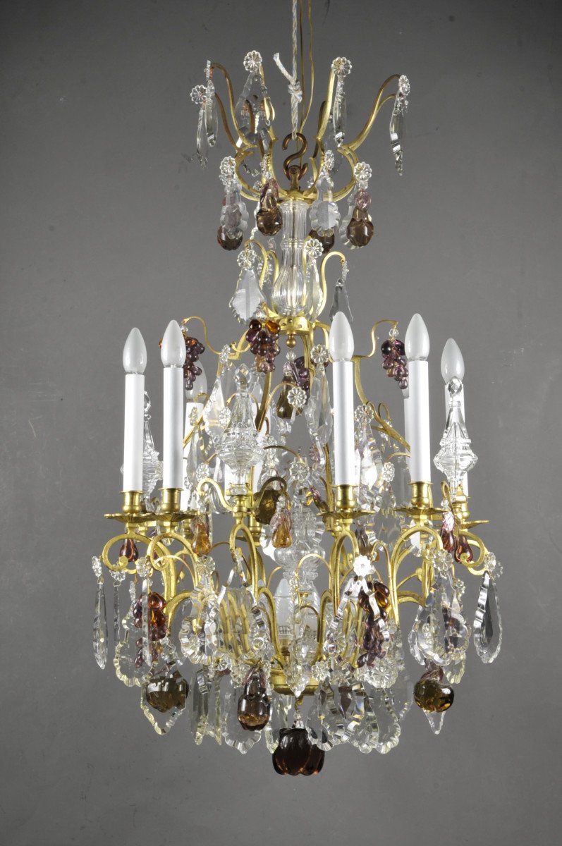Large Gilt Bronze Chandelier, Baccarat Crystal And Murano Glass-photo-2