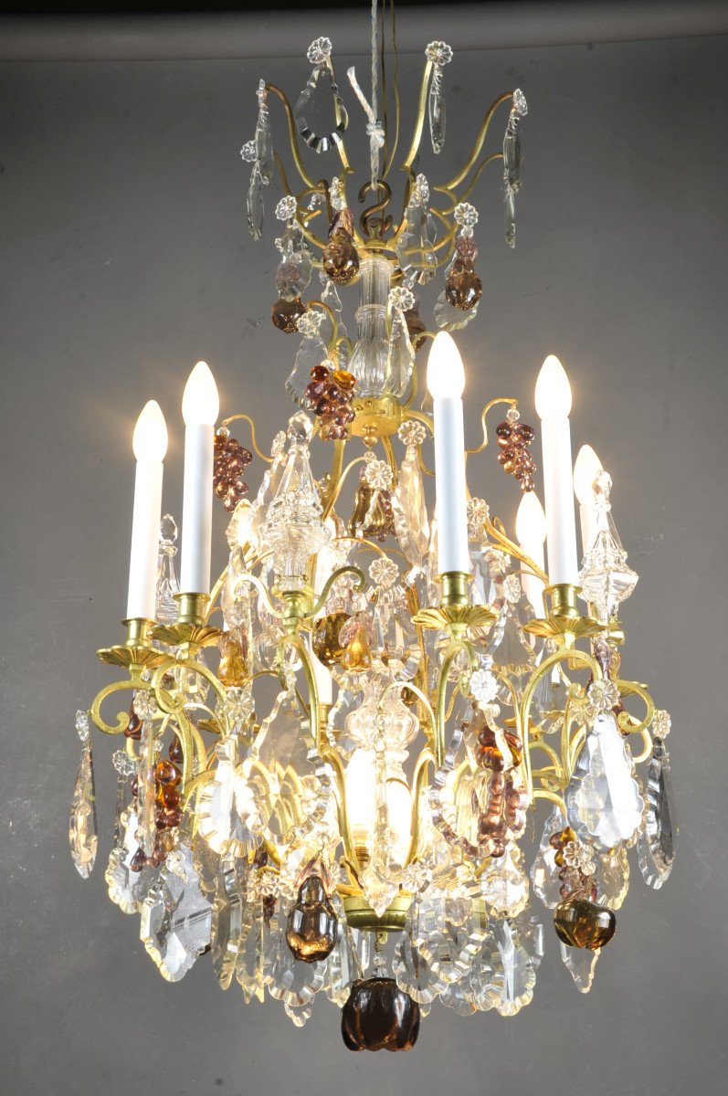Large Gilt Bronze Chandelier, Baccarat Crystal And Murano Glass-photo-4