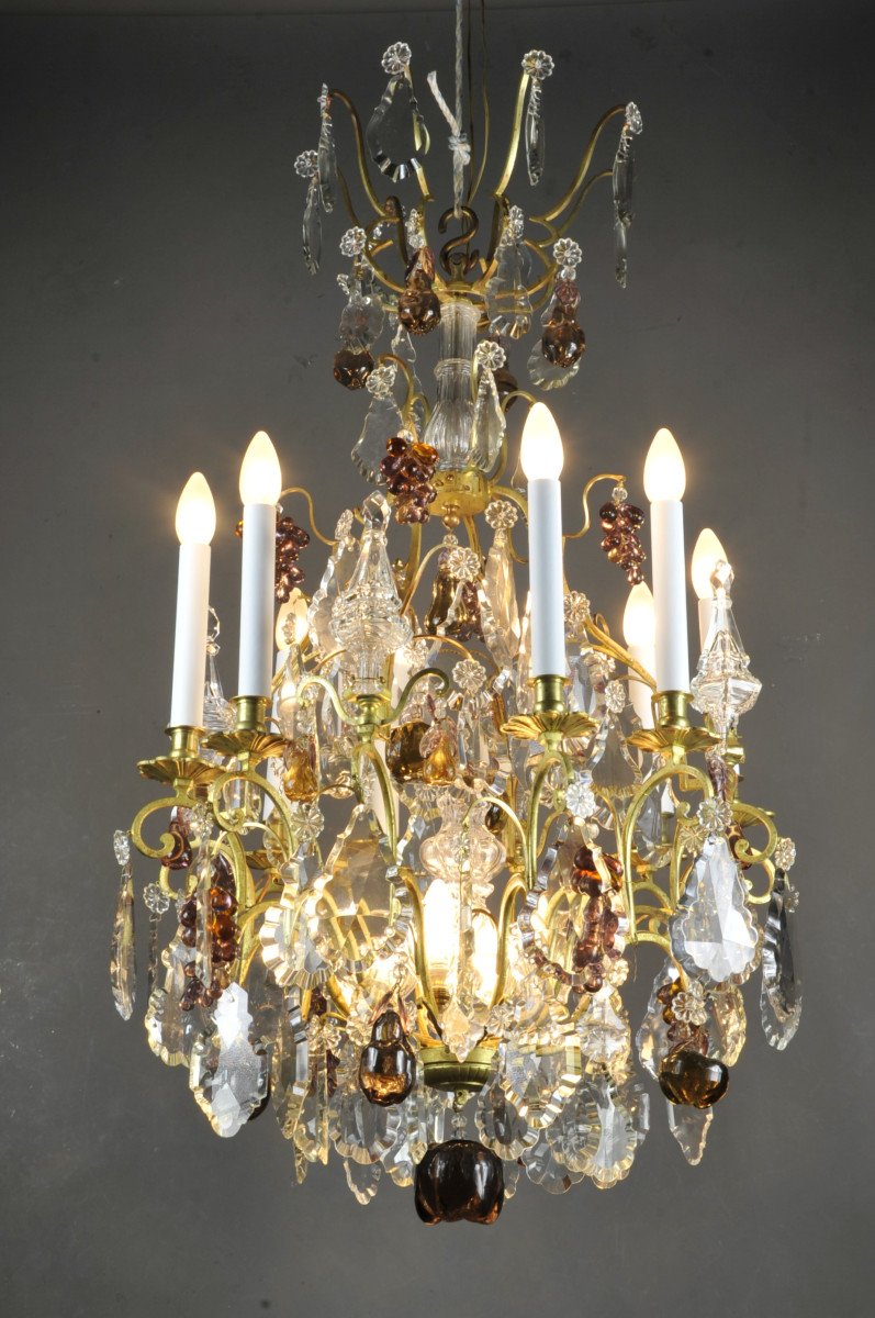 Large Gilt Bronze Chandelier, Baccarat Crystal And Murano Glass-photo-2