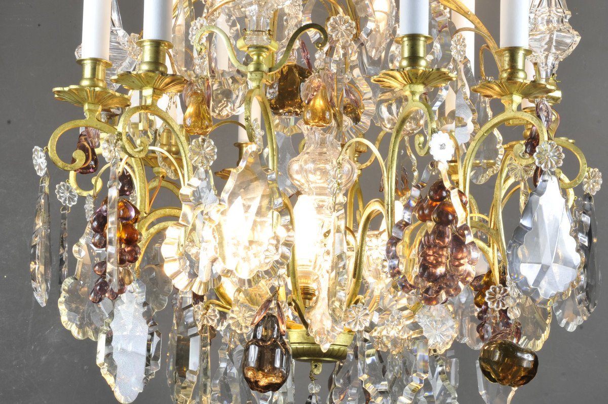 Large Gilt Bronze Chandelier, Baccarat Crystal And Murano Glass-photo-3