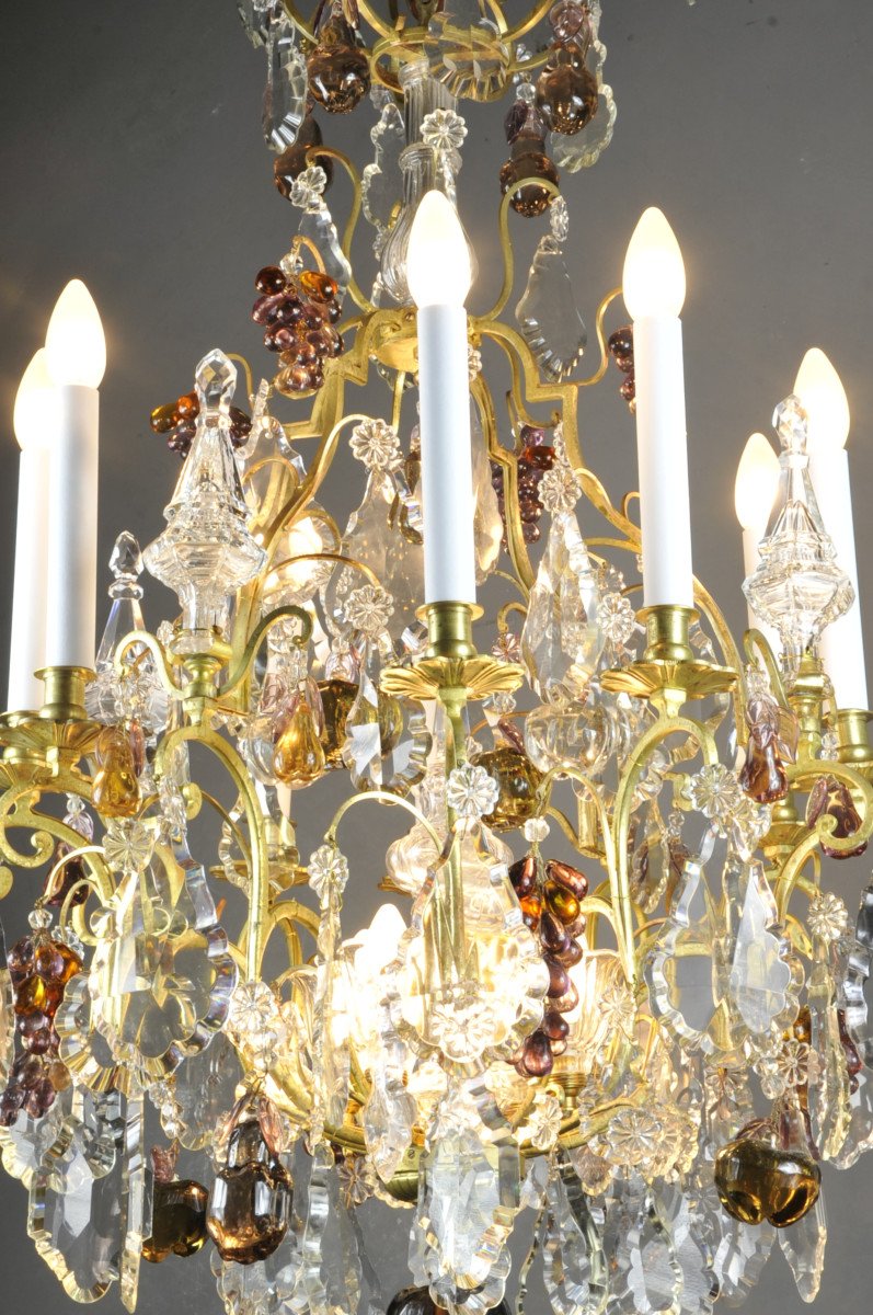 Large Gilt Bronze Chandelier, Baccarat Crystal And Murano Glass-photo-5