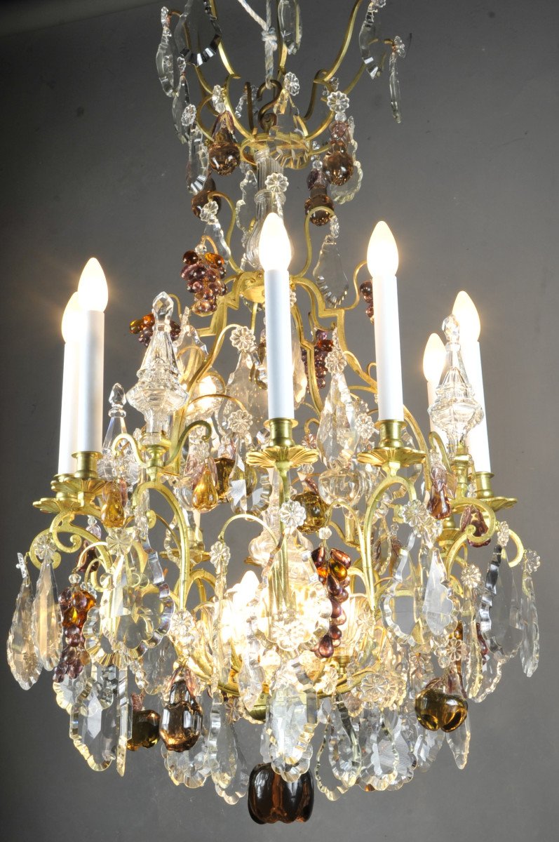 Large Gilt Bronze Chandelier, Baccarat Crystal And Murano Glass-photo-6
