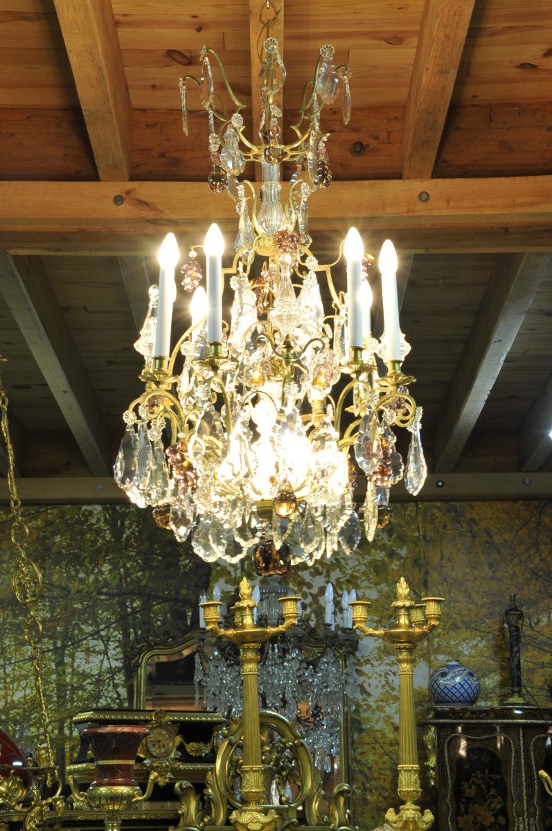 Large Gilt Bronze Chandelier, Baccarat Crystal And Murano Glass-photo-7