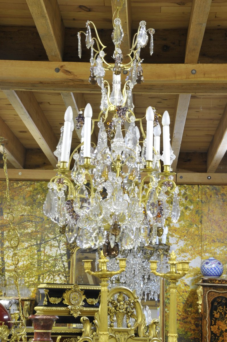 Large Gilt Bronze Chandelier, Baccarat Crystal And Murano Glass-photo-8