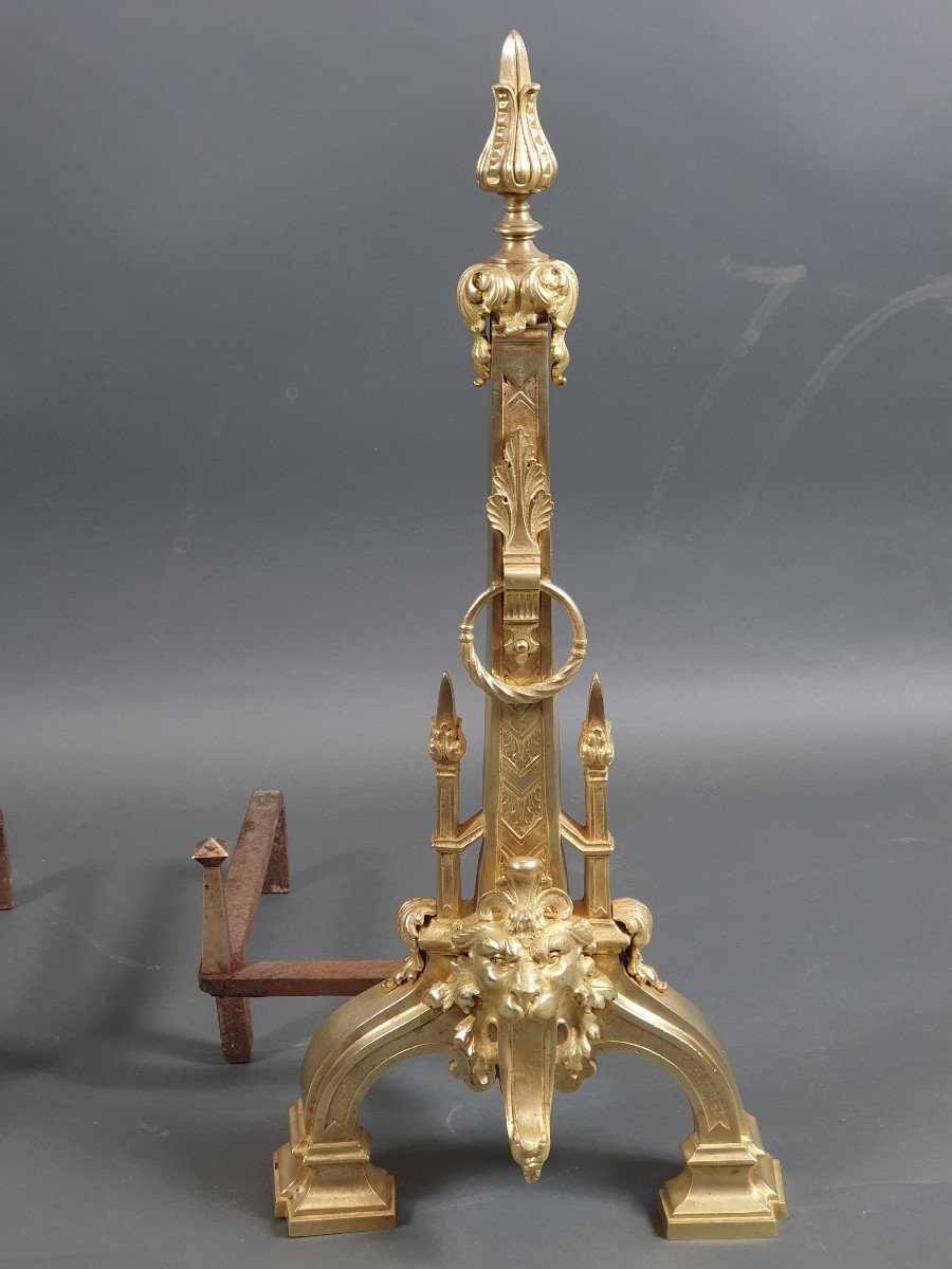 Pair Of Neo-renaissance Andirons In Gilt Bronze-photo-3