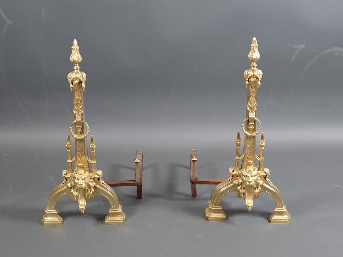 Pair Of Neo-renaissance Andirons In Gilt Bronze-photo-1