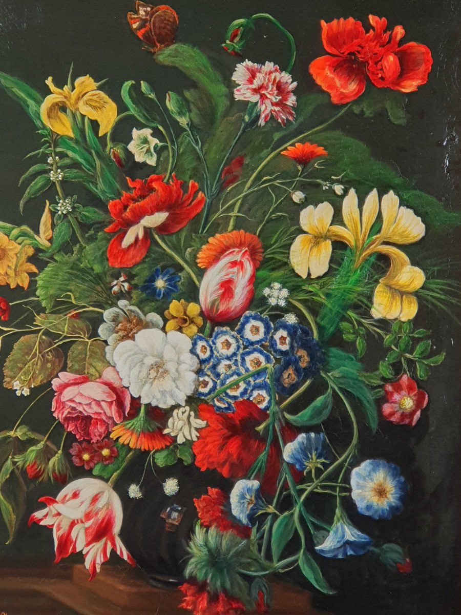 école Hollandaise - Huile Sur Toile - Composition Florale Dans Le Goût Du XVIIème Siècle-photo-2