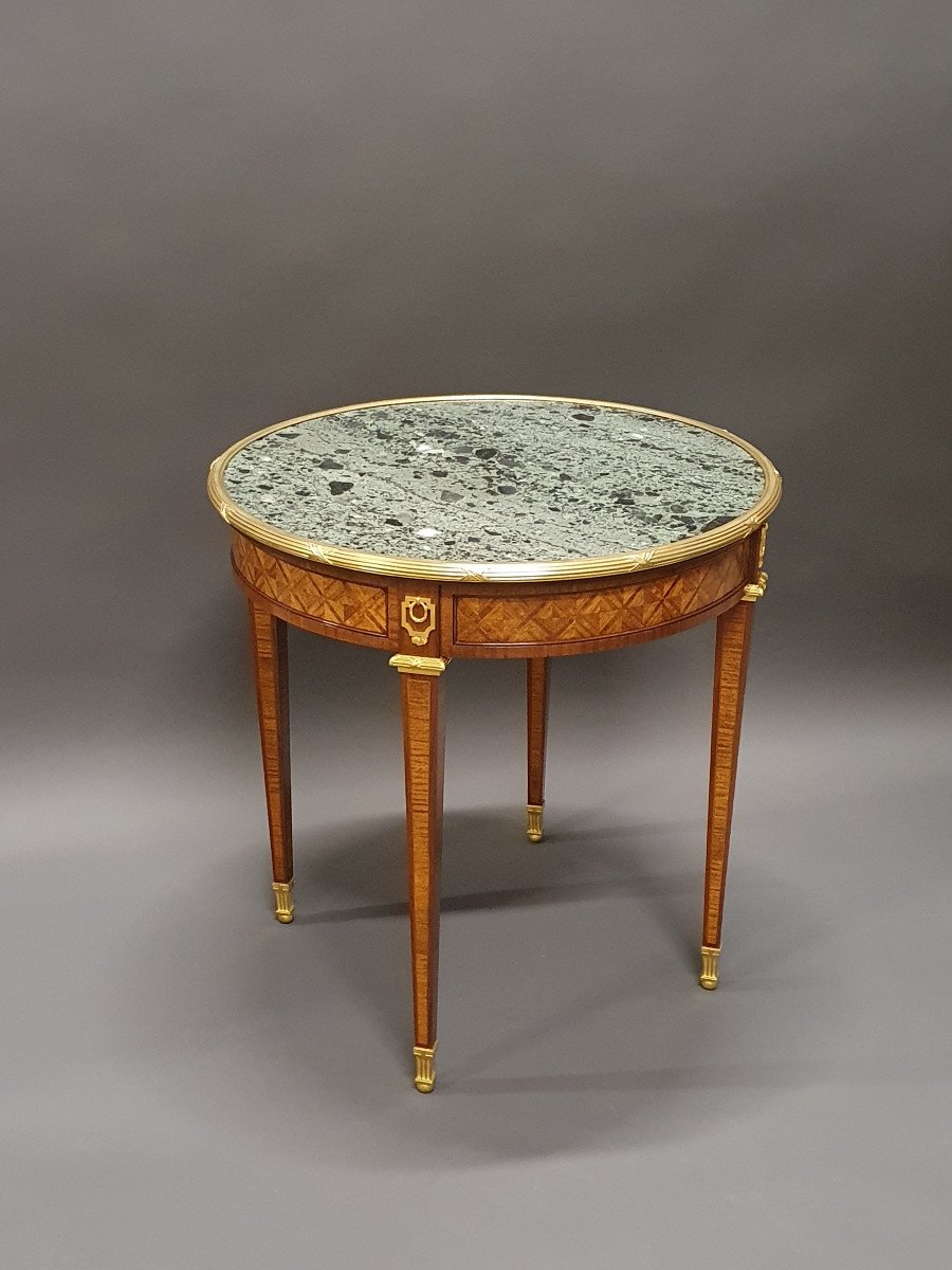 Louis XVI Style Pedestal Table In Marquetry And Gilt Bronze-photo-2