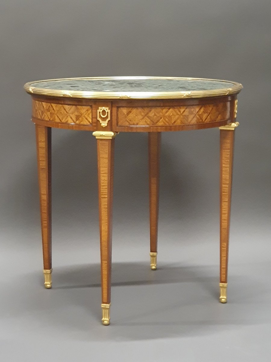 Louis XVI Style Pedestal Table In Marquetry And Gilt Bronze-photo-6