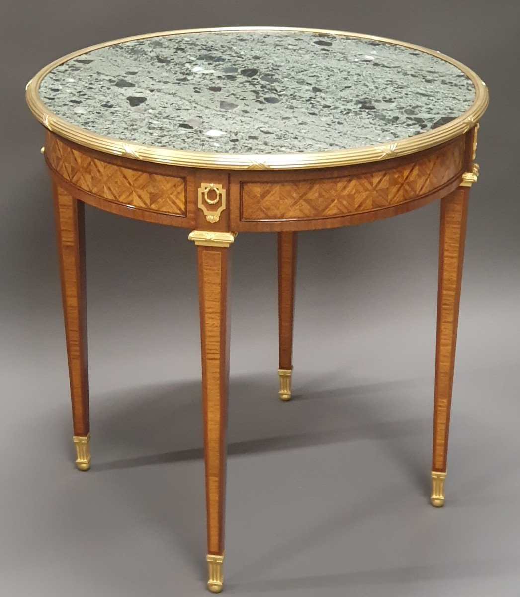 Louis XVI Style Pedestal Table In Marquetry And Gilt Bronze-photo-8