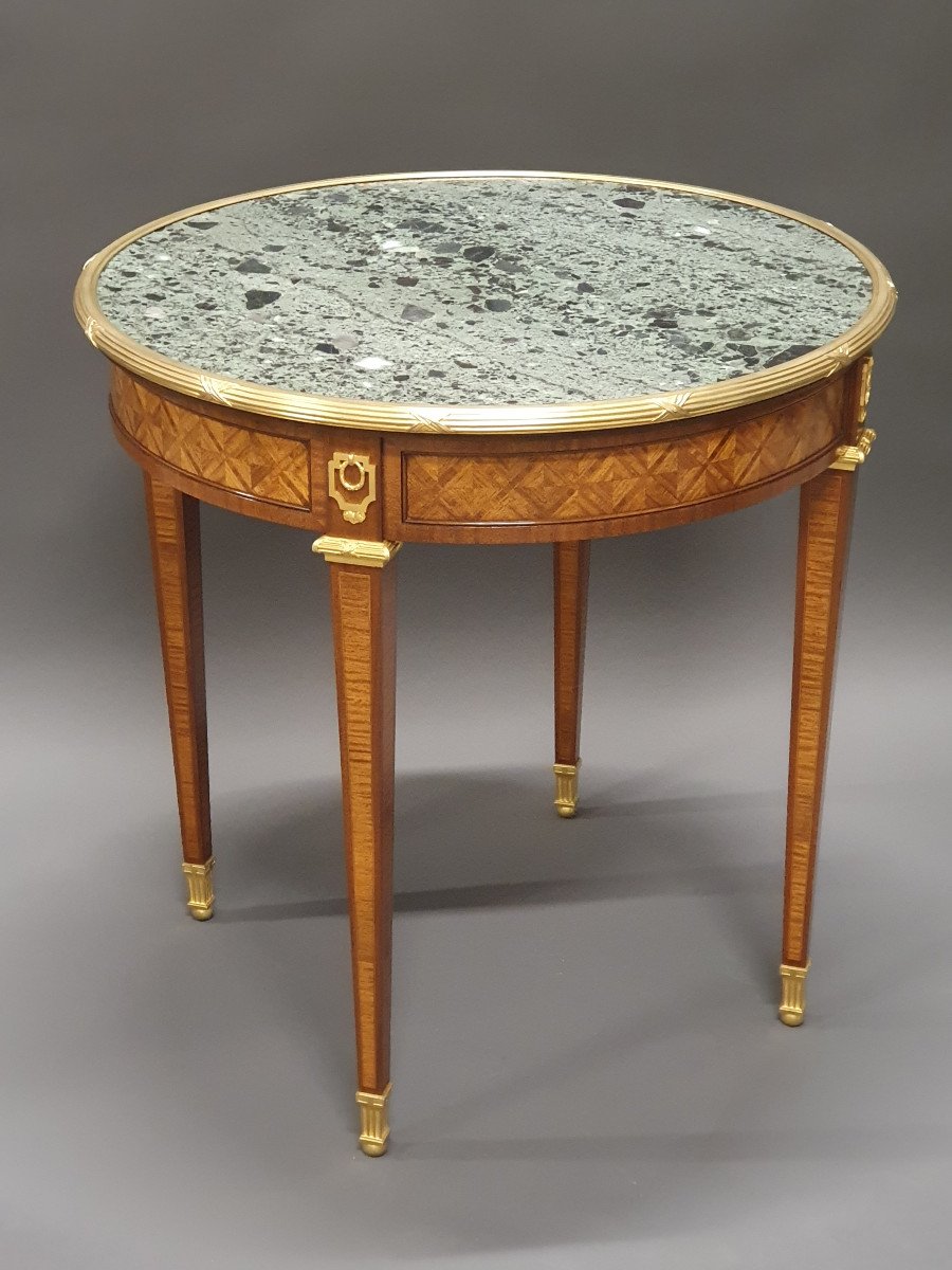 Louis XVI Style Pedestal Table In Marquetry And Gilt Bronze