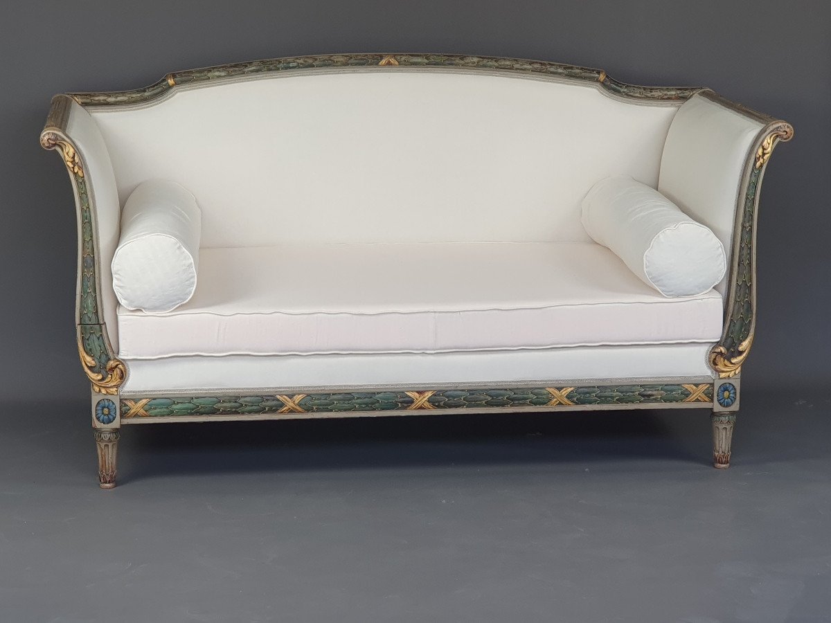 Large Louis XVI Sofa / Daybed In Rechampi And Gilded Lacquered Wood-photo-2