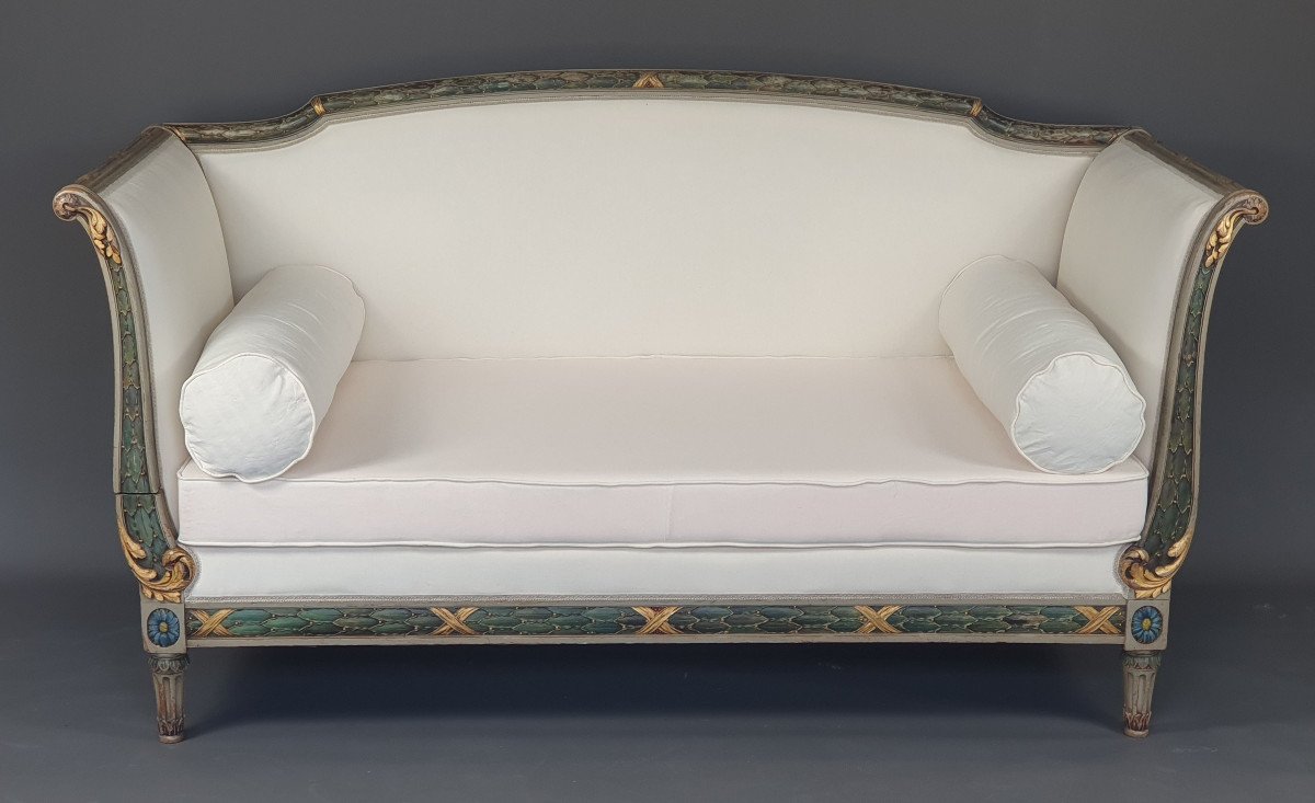 Large Louis XVI Sofa / Daybed In Rechampi And Gilded Lacquered Wood