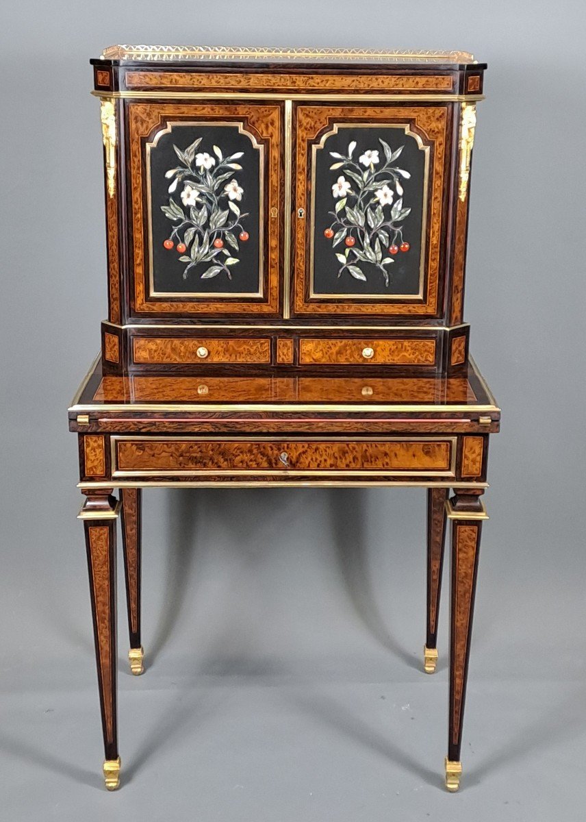 Bonheur Du Jour In Amboyna Burl Marquetry And Hard Stone Panels-photo-2