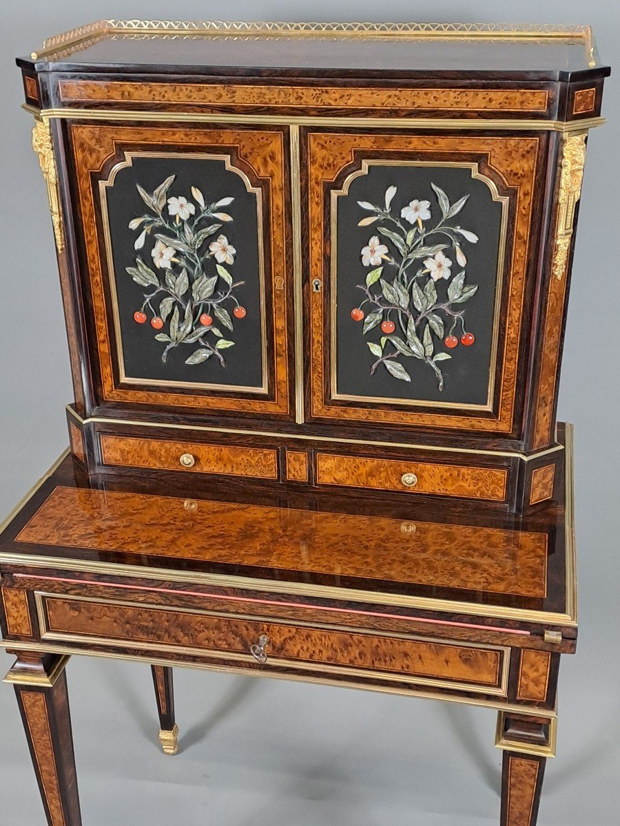 Bonheur Du Jour In Amboyna Burl Marquetry And Hard Stone Panels-photo-4