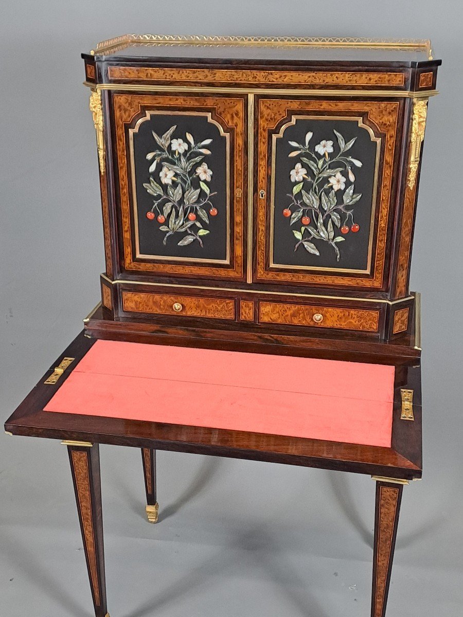 Bonheur Du Jour In Amboyna Burl Marquetry And Hard Stone Panels-photo-3