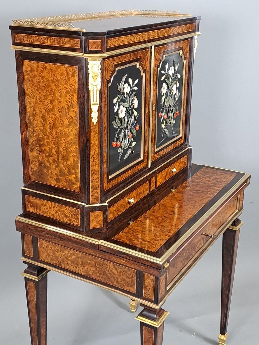 Bonheur Du Jour In Amboyna Burl Marquetry And Hard Stone Panels-photo-7