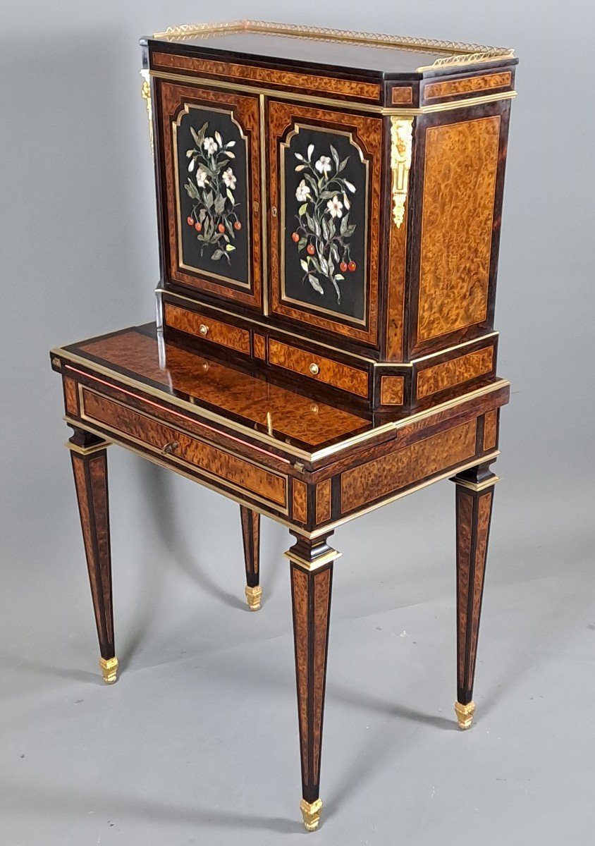 Bonheur Du Jour In Amboyna Burl Marquetry And Hard Stone Panels-photo-8