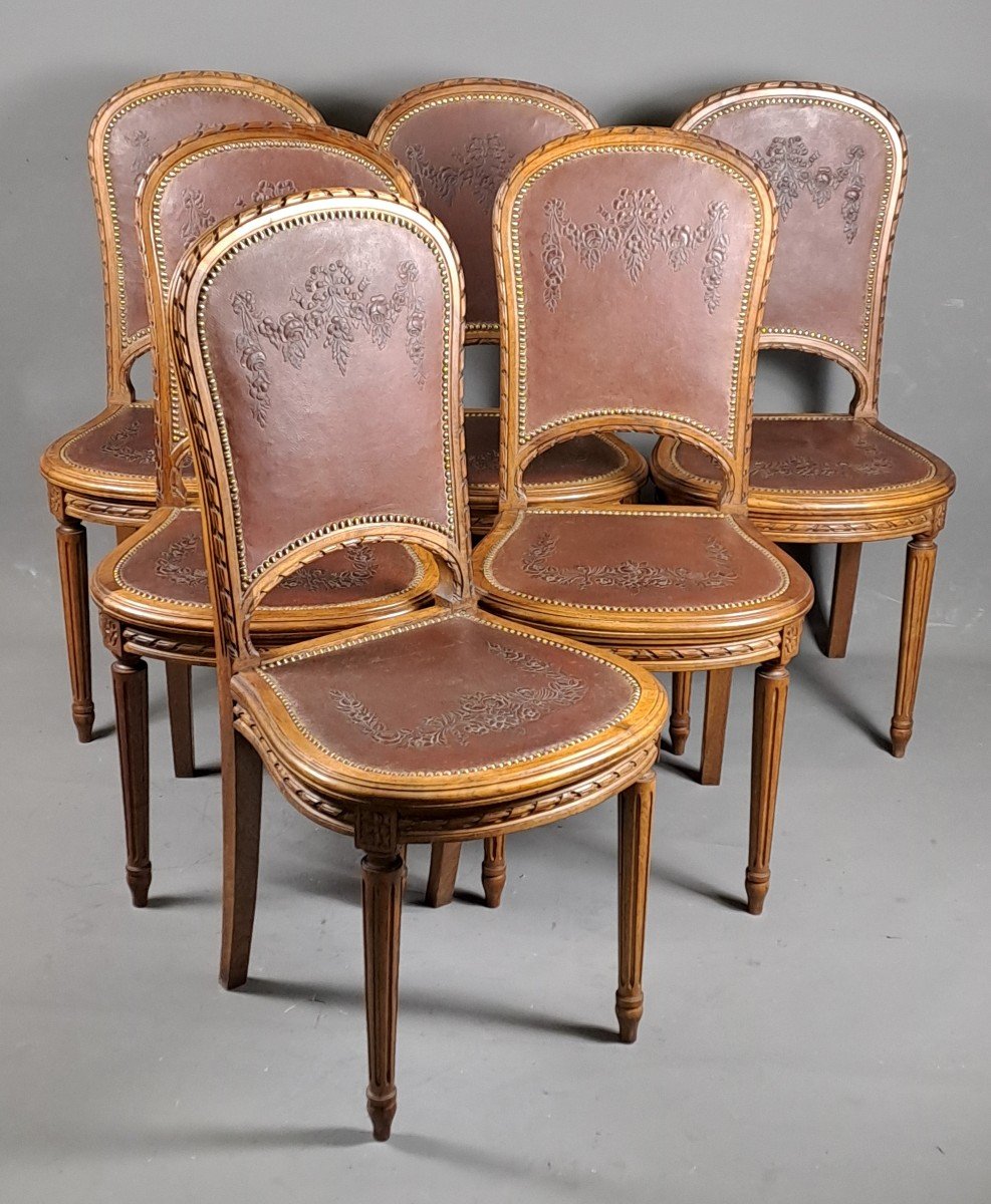 Series Of 6 Louis XVI Style Chairs In Solid Walnut And Embossed Cordoba Leather Trim-photo-2
