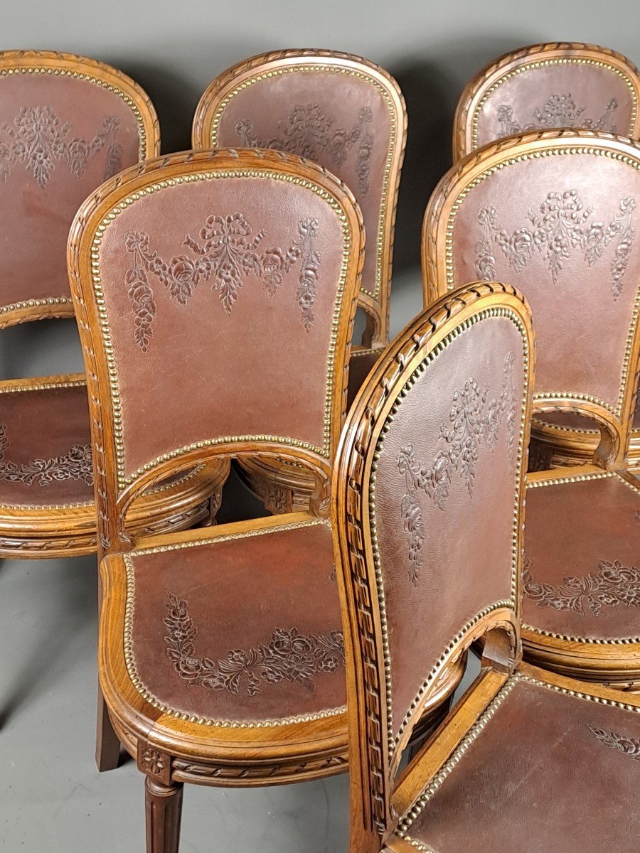 Series Of 6 Louis XVI Style Chairs In Solid Walnut And Embossed Cordoba Leather Trim-photo-4