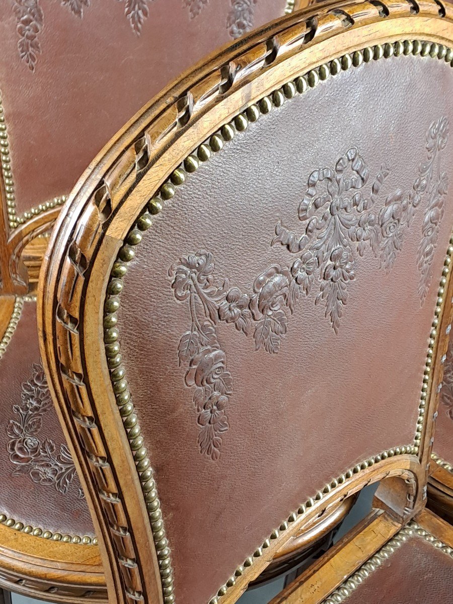 Series Of 6 Louis XVI Style Chairs In Solid Walnut And Embossed Cordoba Leather Trim-photo-2