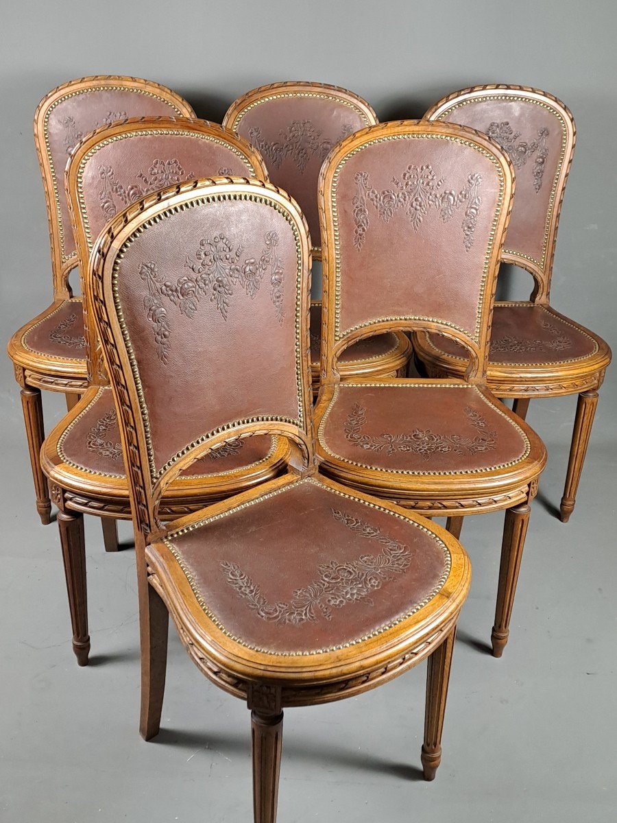 Series Of 6 Louis XVI Style Chairs In Solid Walnut And Embossed Cordoba Leather Trim-photo-3