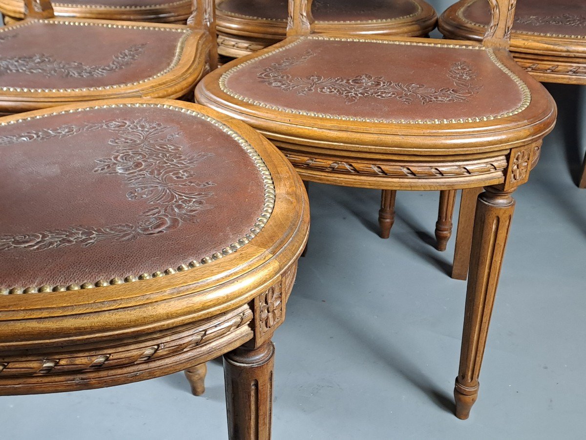 Series Of 6 Louis XVI Style Chairs In Solid Walnut And Embossed Cordoba Leather Trim-photo-6