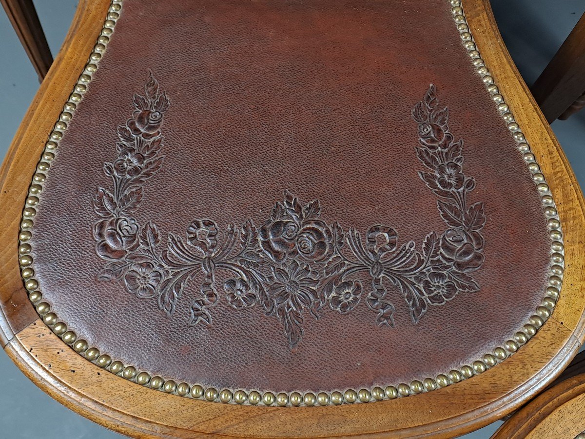 Series Of 6 Louis XVI Style Chairs In Solid Walnut And Embossed Cordoba Leather Trim-photo-8