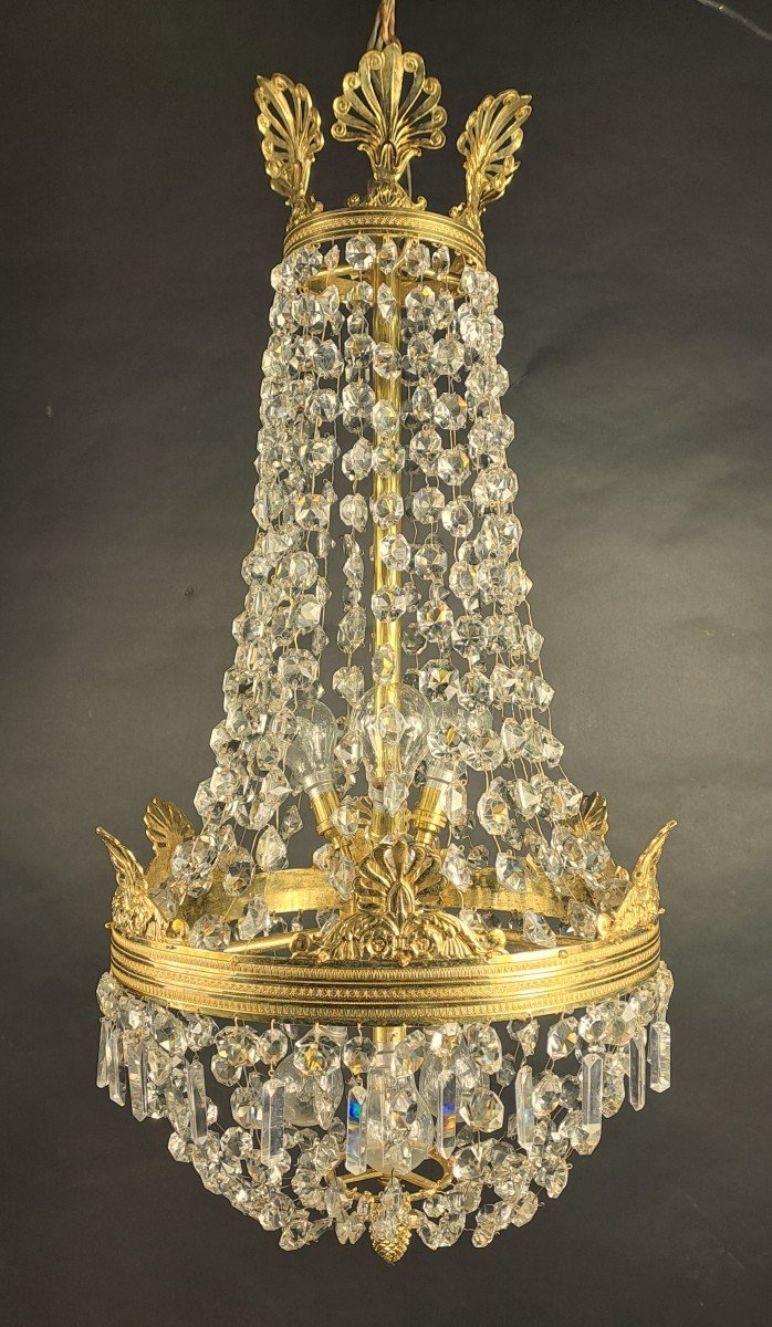 Empire Style Hot Air Balloon Chandelier In Gilt Bronze And Crystal-photo-4