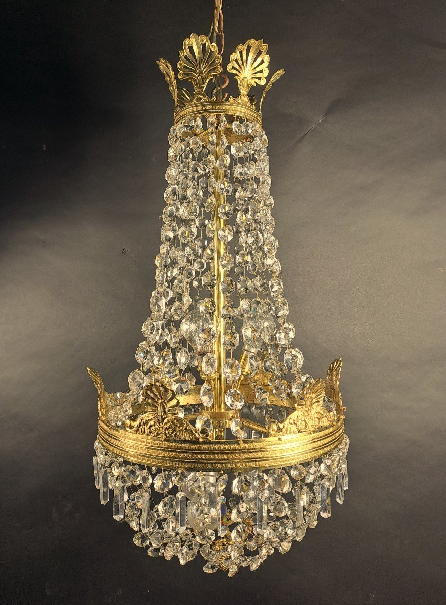Empire Style Hot Air Balloon Chandelier In Gilt Bronze And Crystal-photo-3