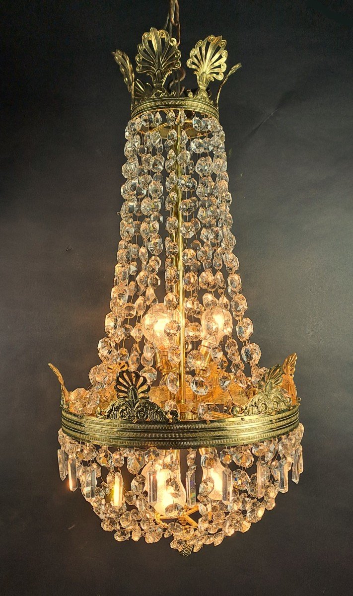Empire Style Hot Air Balloon Chandelier In Gilt Bronze And Crystal-photo-4