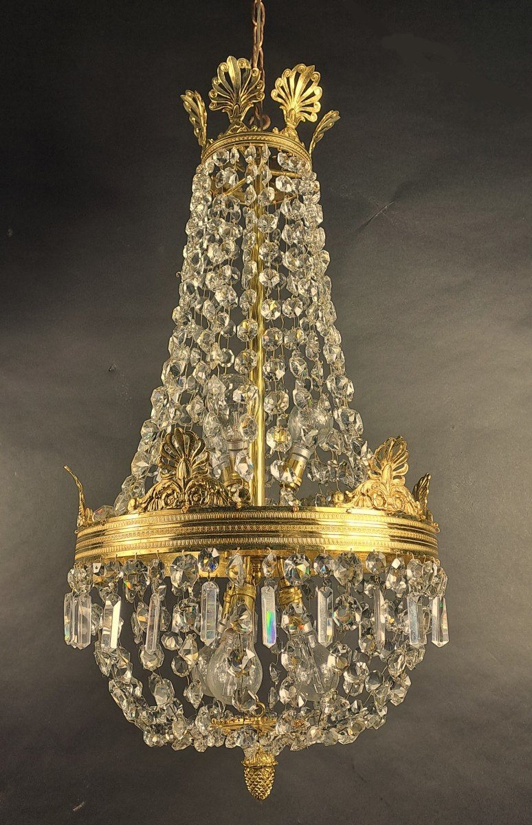 Empire Style Hot Air Balloon Chandelier In Gilt Bronze And Crystal