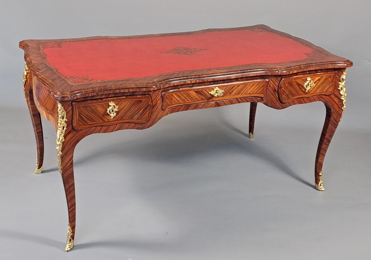Louis XV Bureau Plat In Violette Wood Marquetry And Gilt Bronze-photo-6