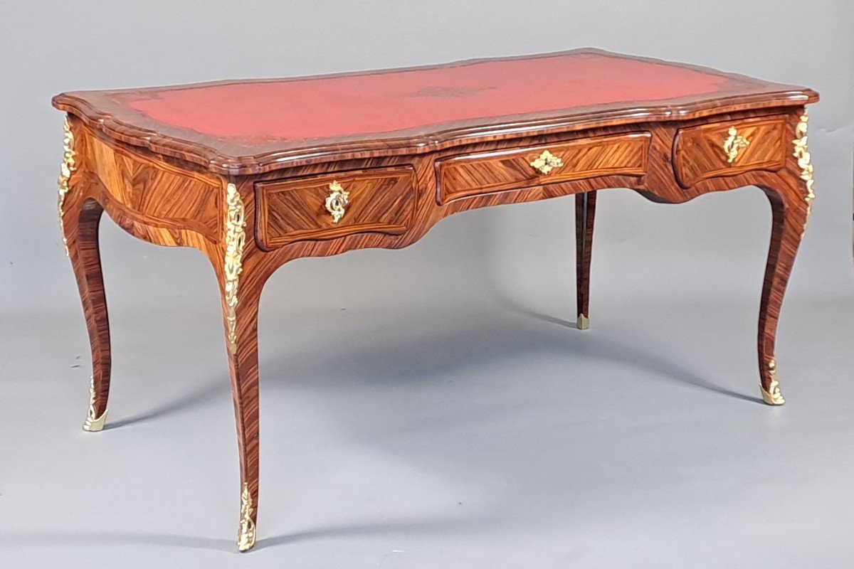 Louis XV Bureau Plat In Violette Wood Marquetry And Gilt Bronze