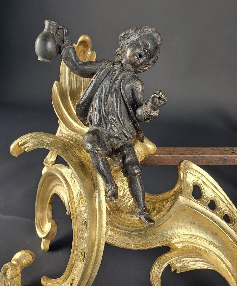 Pair Of Louis XV Andirons In Gilded Bronze With Black Patina-photo-3