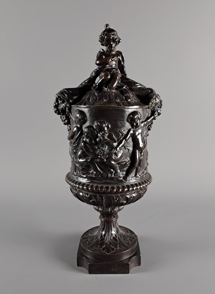 Covered Bronze Vase With Brown Patina Decorated With Bacchanalia And Putti After Clodion-photo-2