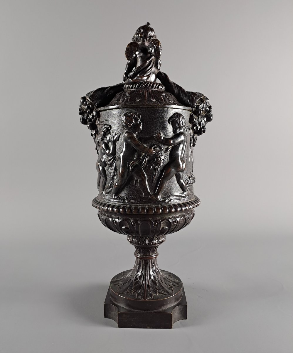Covered Bronze Vase With Brown Patina Decorated With Bacchanalia And Putti After Clodion-photo-2