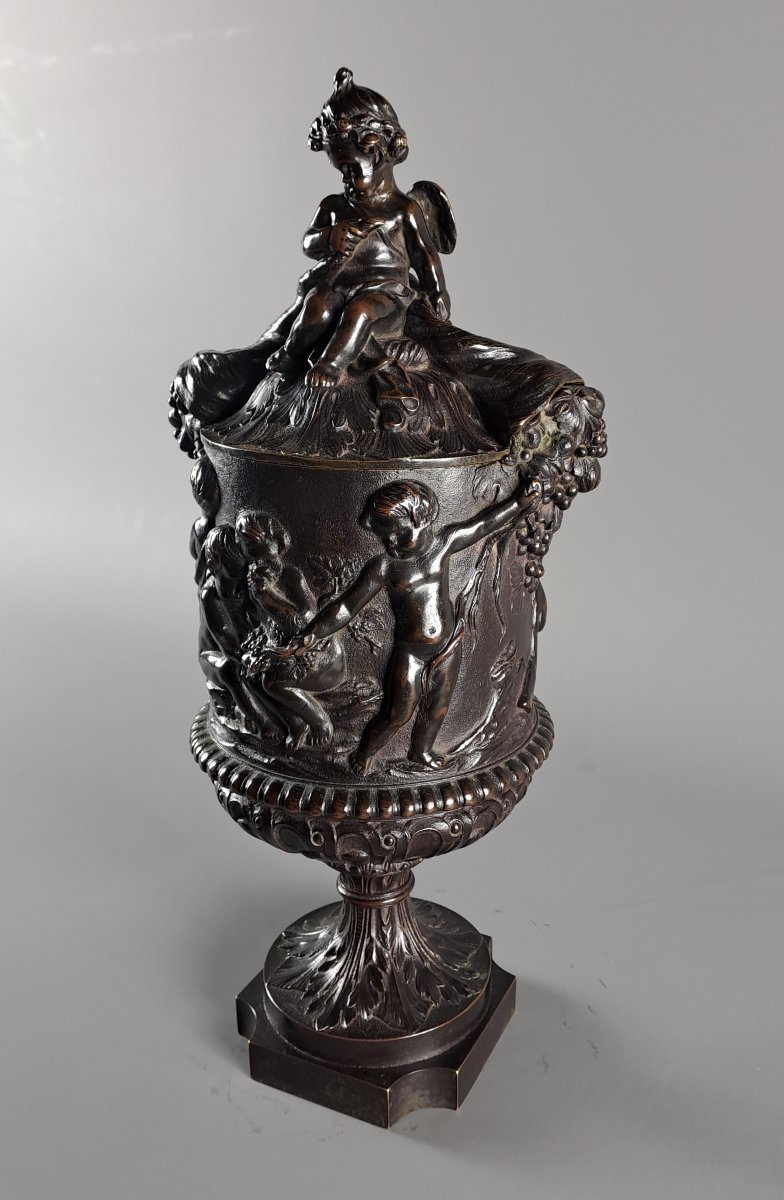 Covered Bronze Vase With Brown Patina Decorated With Bacchanalia And Putti After Clodion-photo-3