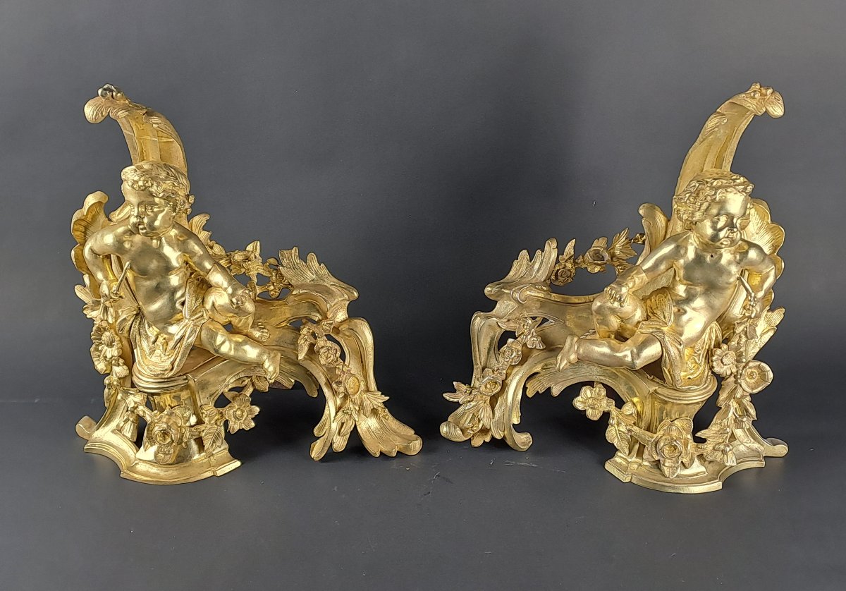 Paire de chenets Napoléon III aux putti en bronze doré-photo-2