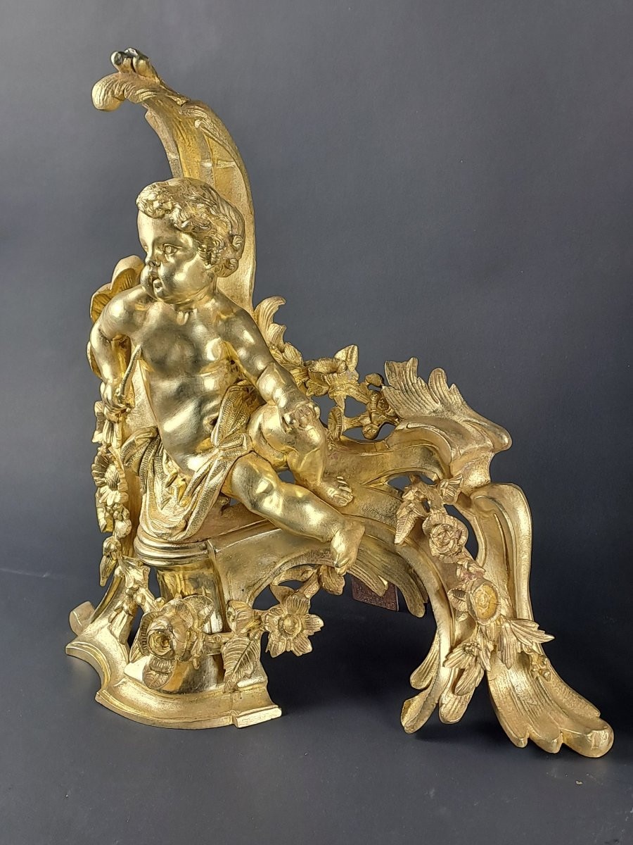 Paire de chenets Napoléon III aux putti en bronze doré-photo-3
