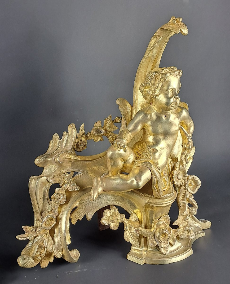 Paire de chenets Napoléon III aux putti en bronze doré-photo-4