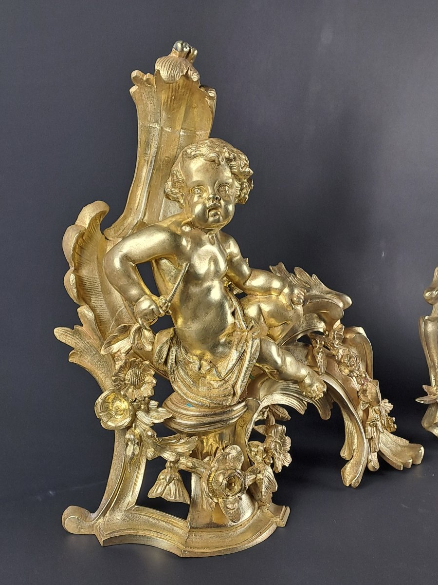 Paire de chenets Napoléon III aux putti en bronze doré-photo-1