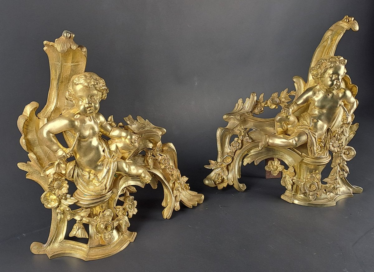 Paire de chenets Napoléon III aux putti en bronze doré-photo-2
