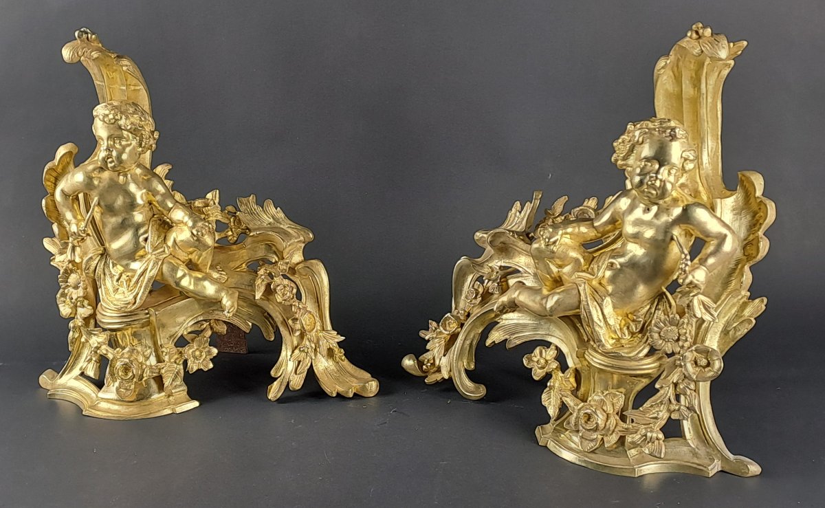 Paire de chenets Napoléon III aux putti en bronze doré-photo-3