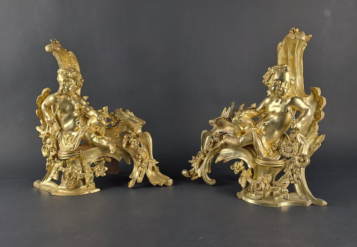 Paire de chenets Napoléon III aux putti en bronze doré-photo-4