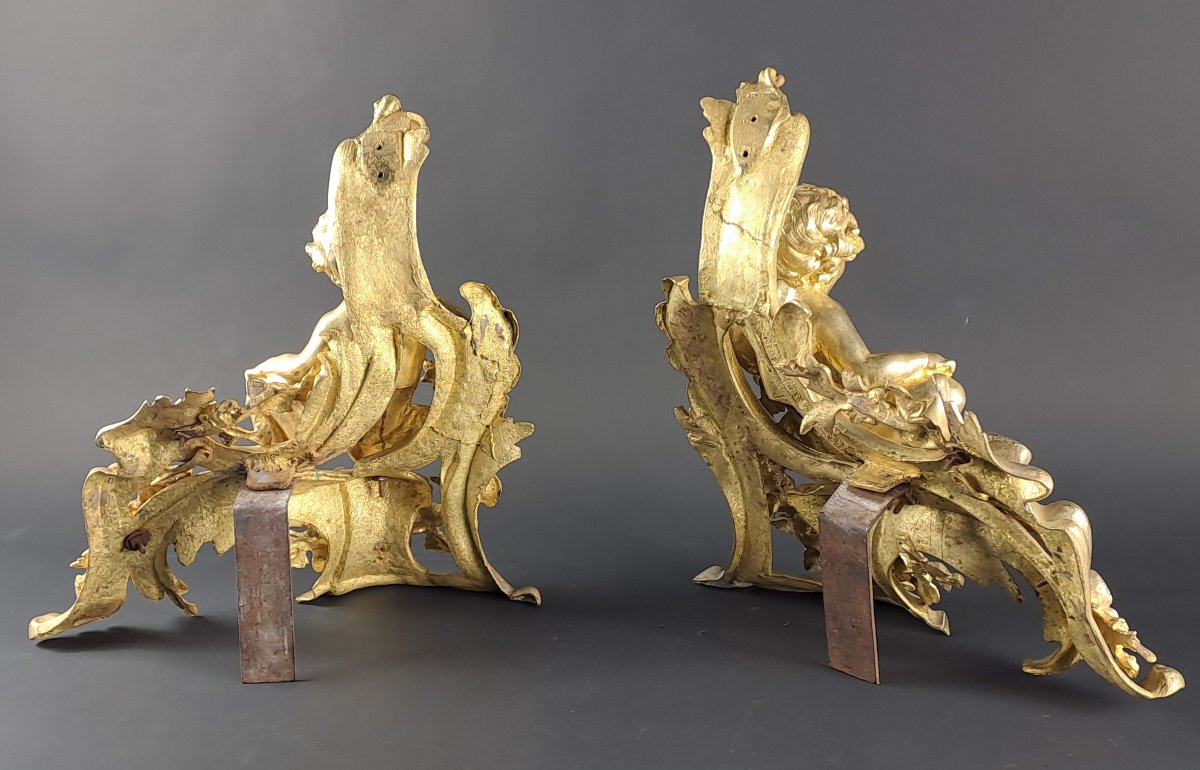 Paire de chenets Napoléon III aux putti en bronze doré-photo-6