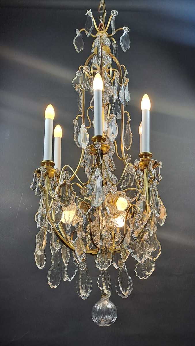 Lustre cage en cristal et bronze doré